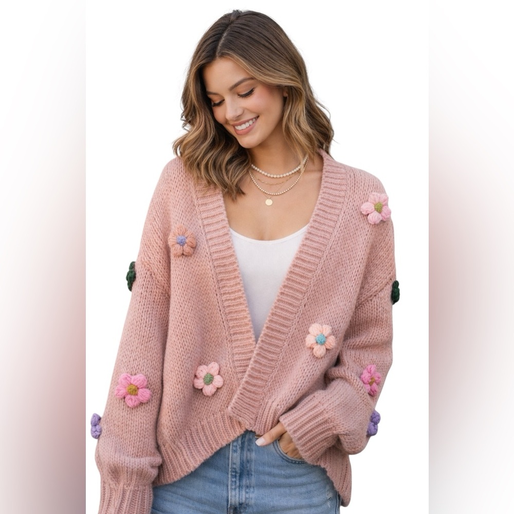 Duchamp Anthropologie Pink Floral Women's Cardigan whimsy boho cottagecore